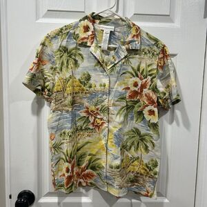 Jones New York Women’s Size Medium Hawaiian Floral Short Sleeve Shirt Linen
